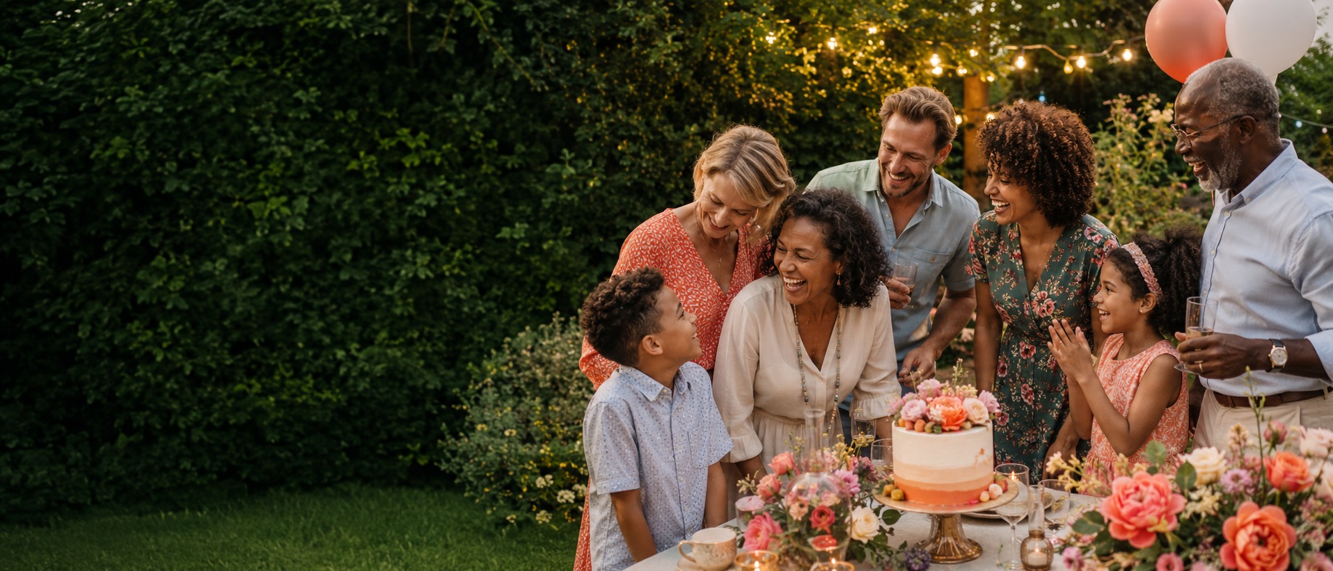 Family celebrating a birthday with balloons and cake
